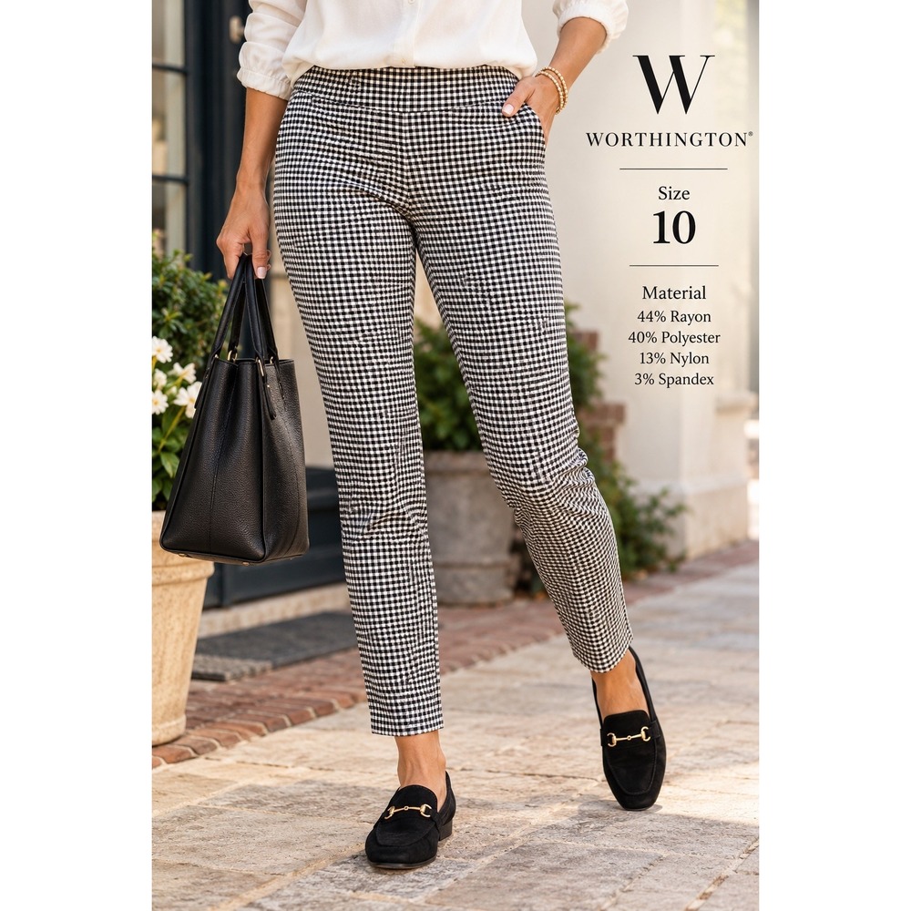 Worthington Womens Black White Gingham Skinny Pull On Pants Size 10 Stretch